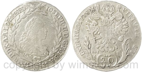 josef ii. 1765 1780, mitregent, 20 kreuzer 1778 prag, c // evs ik , silber, s ss