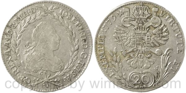 josef ii. 1765 1780, mitregent, 20 kreuzer 1779 prag, c // evs ik , silber, ss