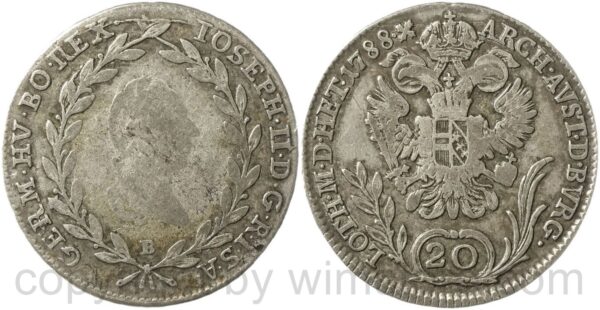 josef ii. 1780 1790, alleinregent, 20 kreuzer 1788 b, kremnitz, silber, s