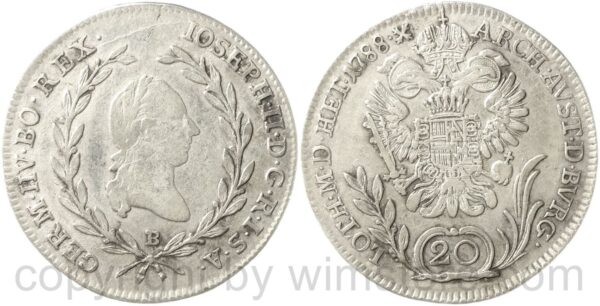 josef ii. 1780 1790, alleinregent, 20 kreuzer 1788 b, kremnitz, silber, ss