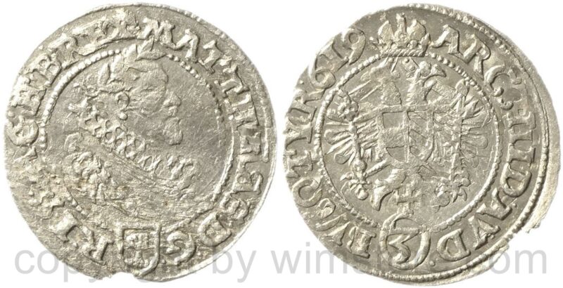 matthias 1612 1619, groschen (3 kreuzer) 1619 wien, münzmeister isaias jessensky, silber, ss matthias 1612 1619, groschen (3 kreuzer) 1619 wien, münzmeister isaias jessensky, silber, ss