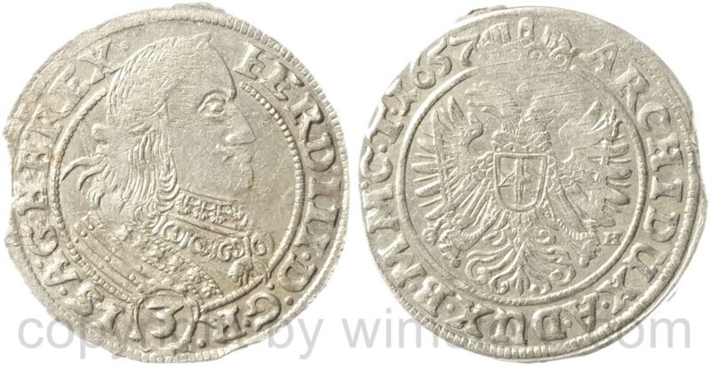 ferdinand iii. 1637 1657, groschen 1657 g h, breslau, münzpächter georg reichart, wardein georg hübner, silber, ss, zainende ferdinand iii. 1637 1657, groschen 1657 g h, breslau, münzpächter georg reichart, wardein georg hübner, silber, ss, zainende