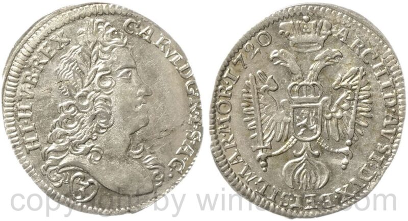karl vi. 1711 1740, groschen (3 kreuzer) 1720 prag, ohne münzmeisterzeichen, silber, vz, schrötlingsfehler karl vi. 1711 1740, groschen (3 kreuzer) 1720 prag, ohne münzmeisterzeichen, silber, vz, schrötlingsfehler