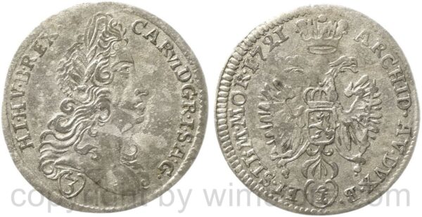 karl vi. 1711 1740, groschen (3 kreuzer) 1721 fs verschlungen, prag, münzmeister ferd. scharff, silber, s ss