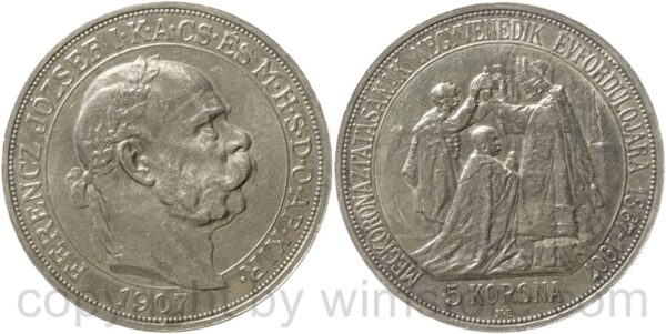 franz josef i., 5 korona 1907, jubiläum, sliber, vz stgl