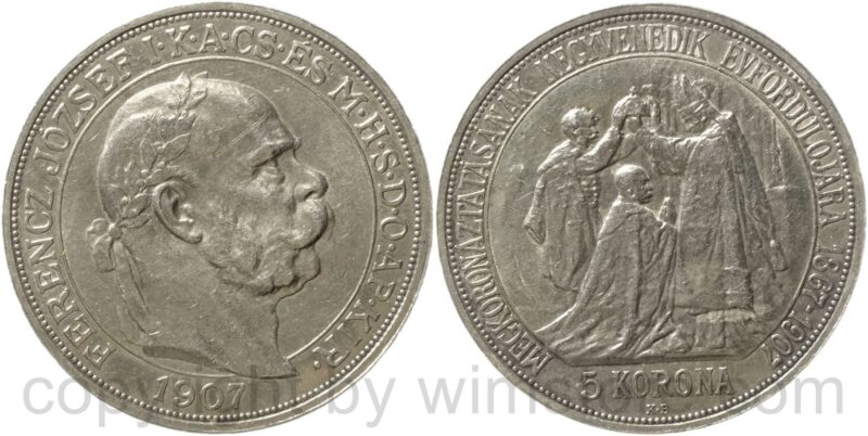 franz josef i., 5 korona 1907, jubiläum, sliber, vz stgl