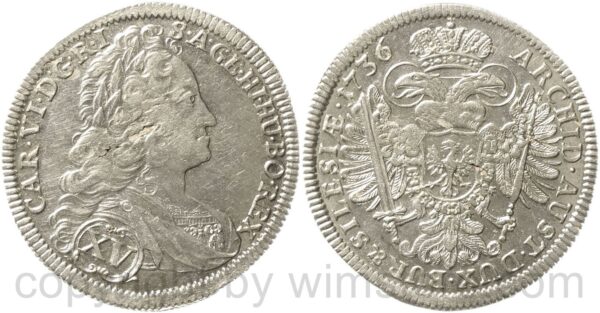 karl vi. 1711 1740, xv kreuzer 1736 breslau, her. 650, ss vz, schrötlingsfehler