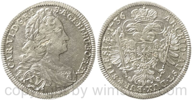 karl vi. 1711 1740, xv kreuzer 1736 breslau, her. 650, ss vz, schrötlingsfehler karl vi. 1711 1740, xv kreuzer 1736 breslau, her. 650, ss vz, schrötlingsfehler