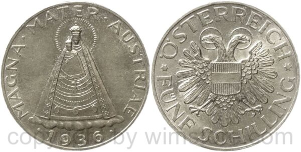 1. republik, 5 schilling magna mater 1936, vz stgl