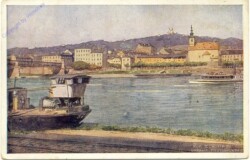 Linz an der Donau, Pöstlingberg, DDSG, erste k.k. Priv. Ges. Urfahr mit Pöstlingberg und Schiff der DDSG.
