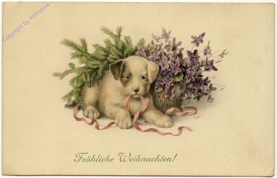 Hund vor Korb mit Zweigen