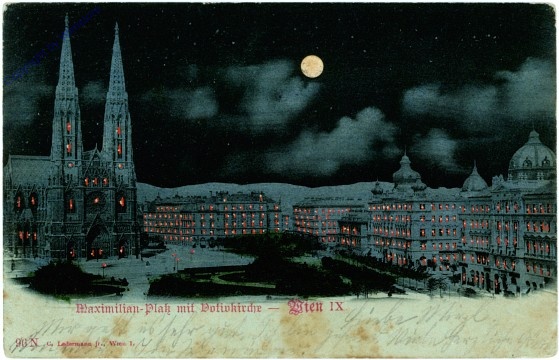 Wien 9, Votivkirche, Maximilianplatz, Mondschein