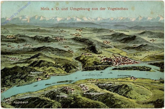 Melk, an der Donau und Umgebung aus der Vogelschau