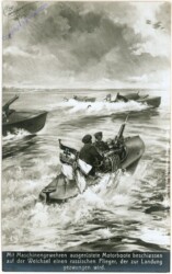 Mit Maschinengewehren ausgerüstete Motorboote beschiessen auf der Weichsel einen rus. Flieger, der zur Landung gezwungen wird