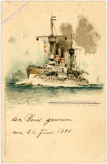 S.M. Panzerschiff "Brandenburg" mit Volldampf Kiel verlassend