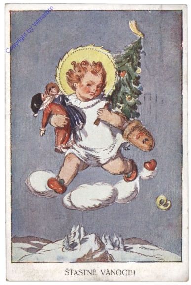 Engerl (Christkind) bringt Baum und Geschenke