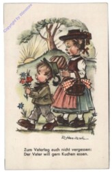 Geschwister mit Blumen und Kuchen
