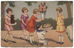 Kinder bringen Blumen und Kuchen, Namenstag