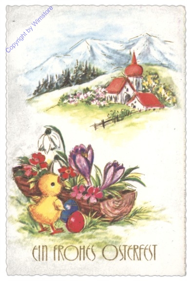 ANU 5753: Kücken vor Blumenkisterl und Kirche