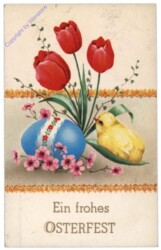 Kücken mit Tulpen und Ei