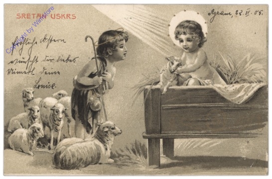 Jesus in der Krippe mit einem Lamm