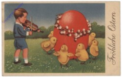 Bub musiziert mit Kücken