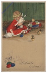 Mädchen kuschelt mit dem Osterhasen