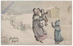 Mutter spielt mit Kindern im Schnee
