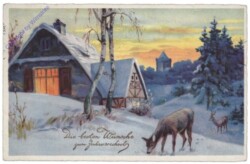 Rehe vor einem hell erleuchteten Haus