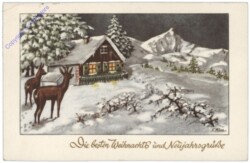 Verschneites Haus mit Rehe