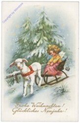 Engerl auf Kutsche, die ein Lamm zieht