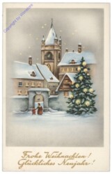 Verschneiter Dorfeingang mit Christbaum