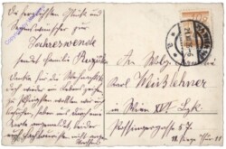 Haus im Schnee, umrahmt von Zweigen und Blumen