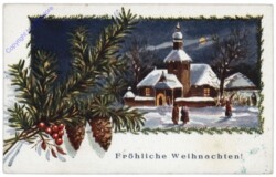 Verschneites Dorf mit Zweigen