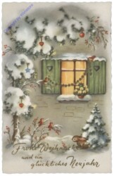 Vögel und Hase vor dem geschmückten Fenster