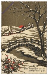 Verschneite Brücke mit Kirche