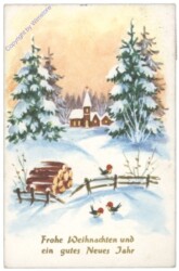 Verschneite Landschaft mit Kirche und Vögel