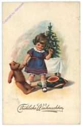 ak110061 Mädchen mit Teddy vor dem Christbaum