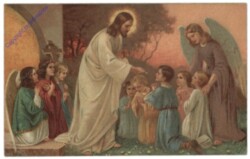 Jesus teilt das Brot mit den Kindern und Engerln