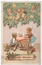 Kinder mit Baby in Wiege, Engerl