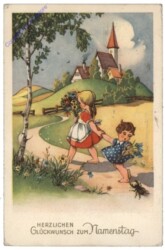 Mädchen mit Schwester und Blumen, Namenstag