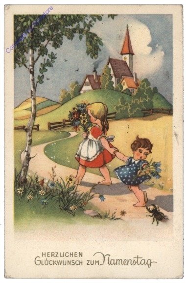 Mädchen mit Schwester und Blumen, Namenstag