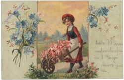 Mädchen mit Schubkarre voll Blumen