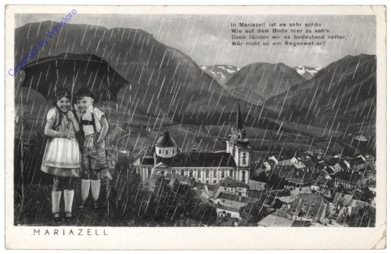 ak112807 Mariazell, 2 Kinder im Regen, Vers