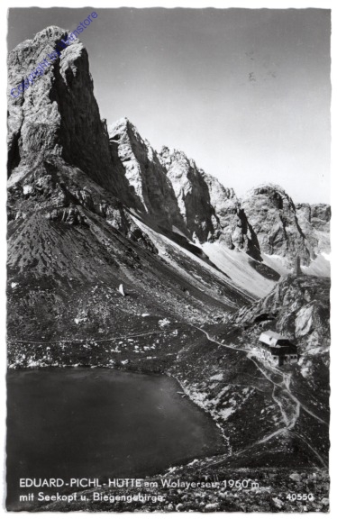 Seeboden, Eduard Pichl-Hütte am Wolayersee, mit Seekopf und Biegengebirge