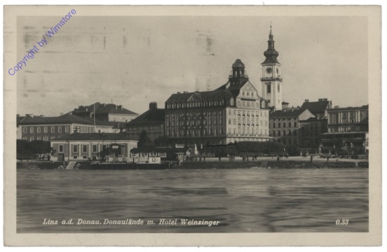 Linz an der Donau, Donaulände mit Hotel Weinzinger