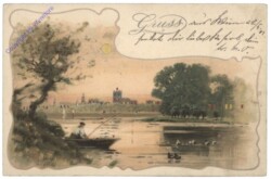 Halt's gegen das Licht-Karte, Teich mit Angler, Gruss