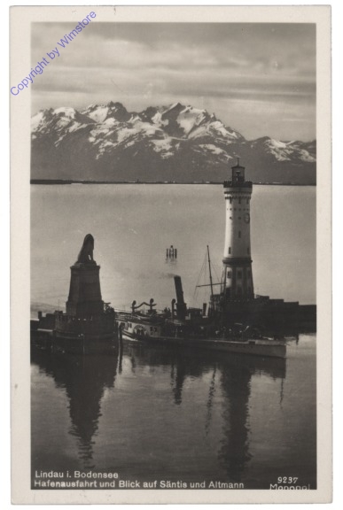 Lindau im Bodensee, Hafenausfahrt und Blick auf Säntis und Altmann