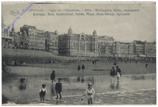 ak119739 Ostende, Digue vers l'Hippodrome, Hotels: Wellington, Globe, Renomméc, Helvetia, Bass, Continental, Océan, Beau Rivage, Splendid