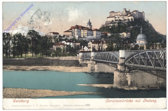 Salzburg, Karolinenbrücke mit Festung
